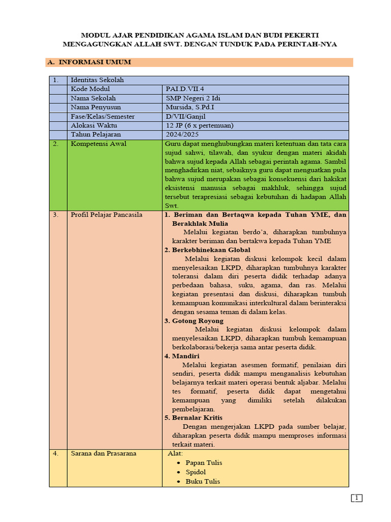 Modul Ajar PAI Kelas 7 Kurikulum Merdeka | PDF