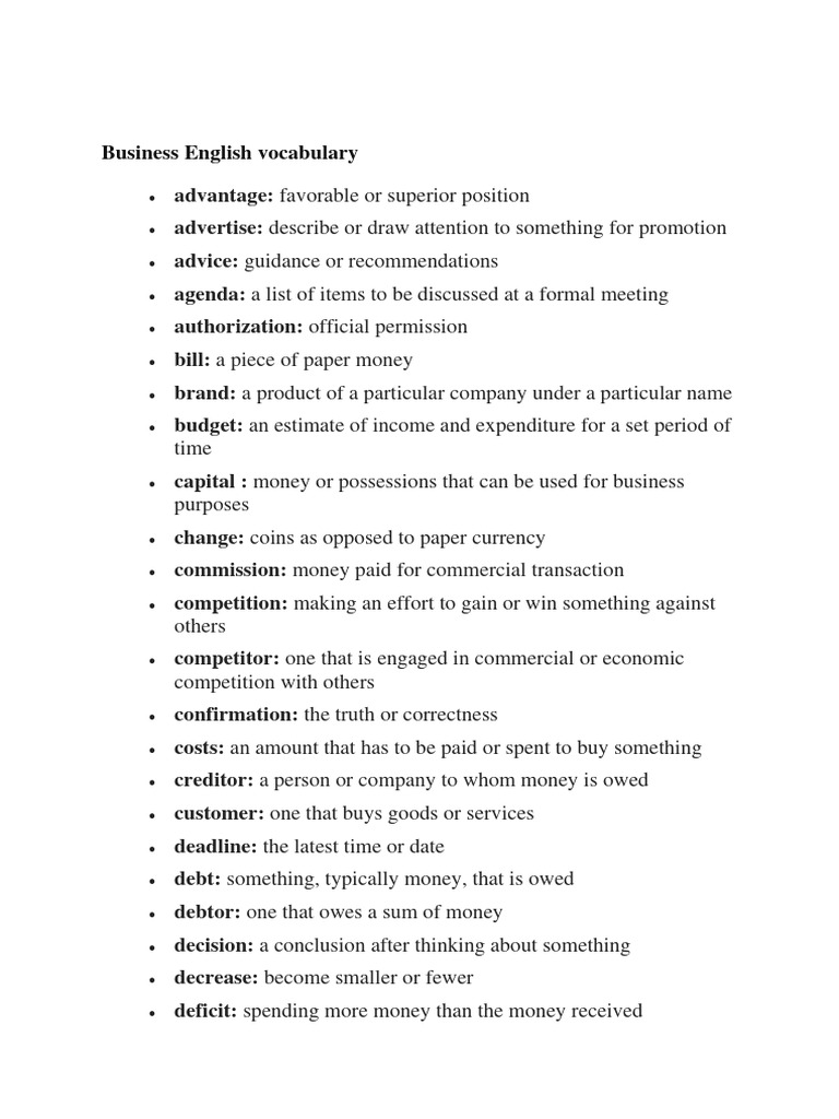 Business English Vocabulary Pdf Money Banks
