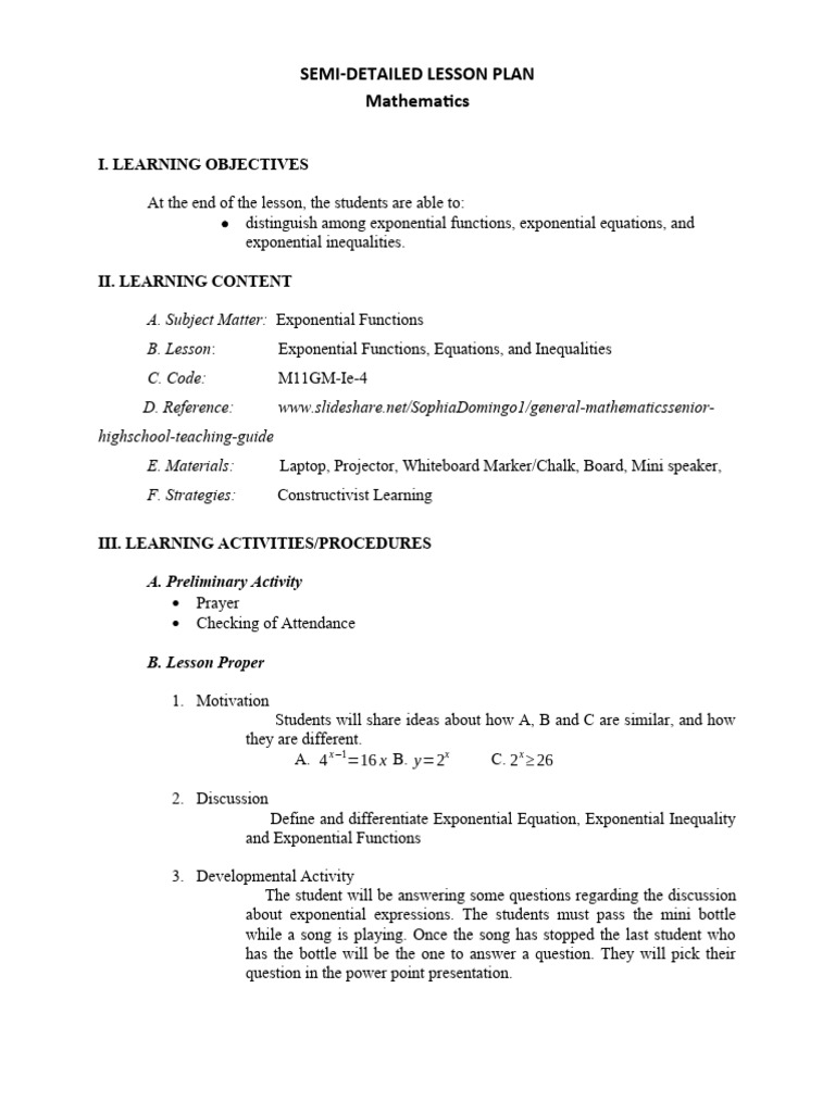 Semi Detailed Lesson Plan Mathematics | PDF | Lesson Plan | Exponential ...