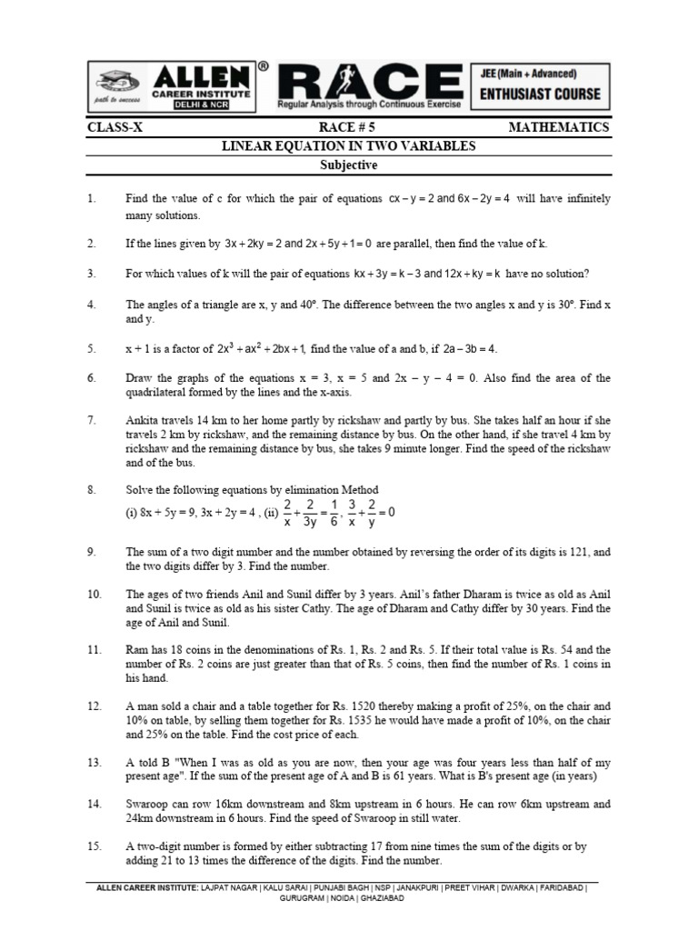 Linear equation in two variable race 5 c 10 pdf equations speed