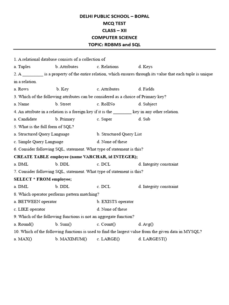 Class 12 mcq test sql pdf