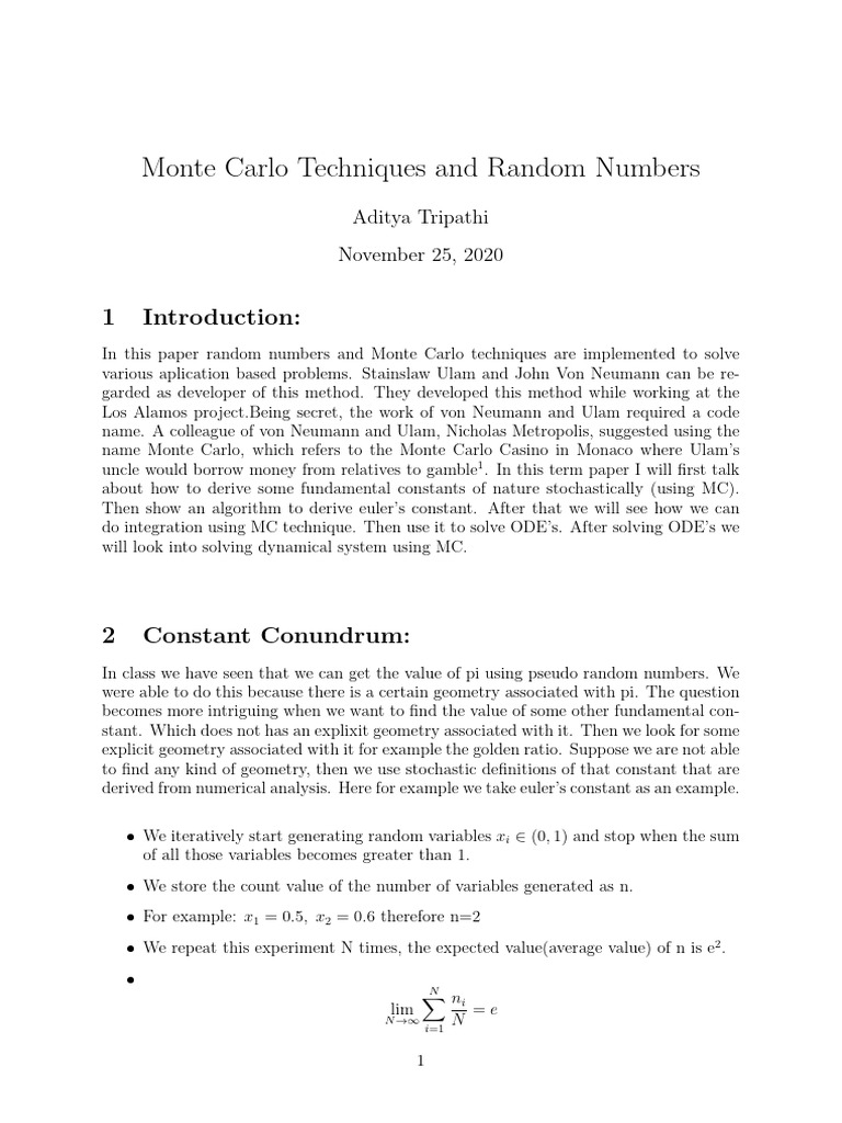 Monte Carlo Methods for Random Number Applications | PDF | Monte Carlo ...