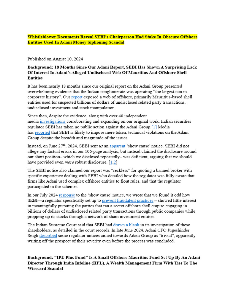 SEBI Chair's Ties to Adani Offshore Scandal | PDF | Real Estate ...