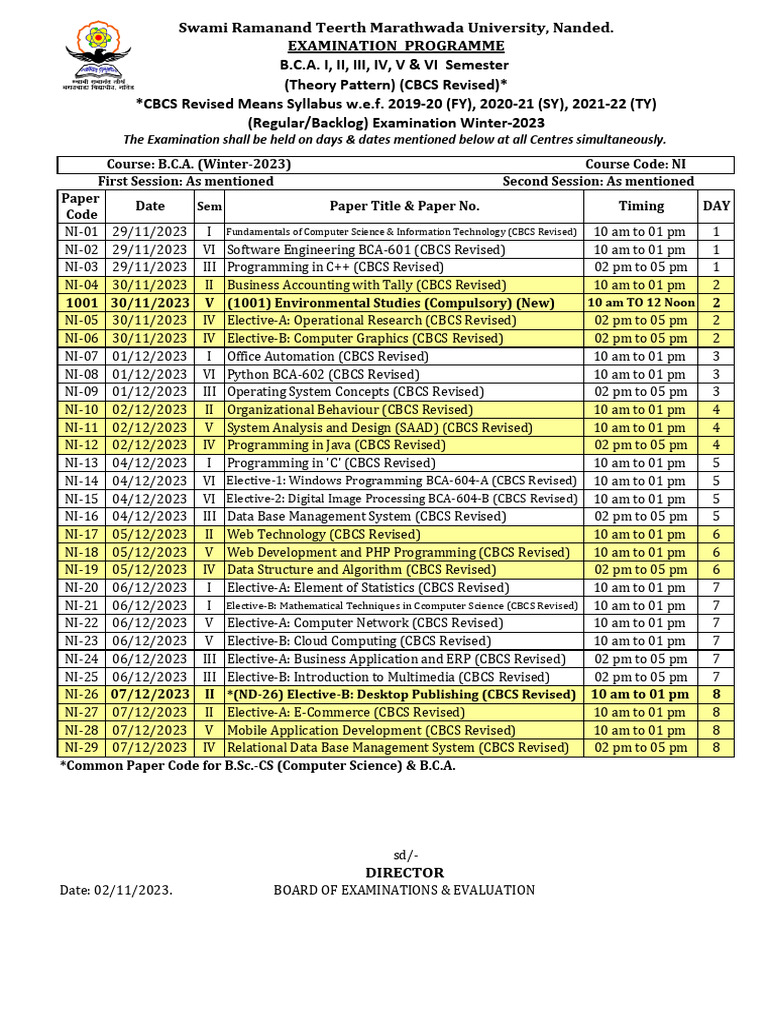 BCA Winter 2023 Exam Schedule | PDF | Computer Programming | Software ...