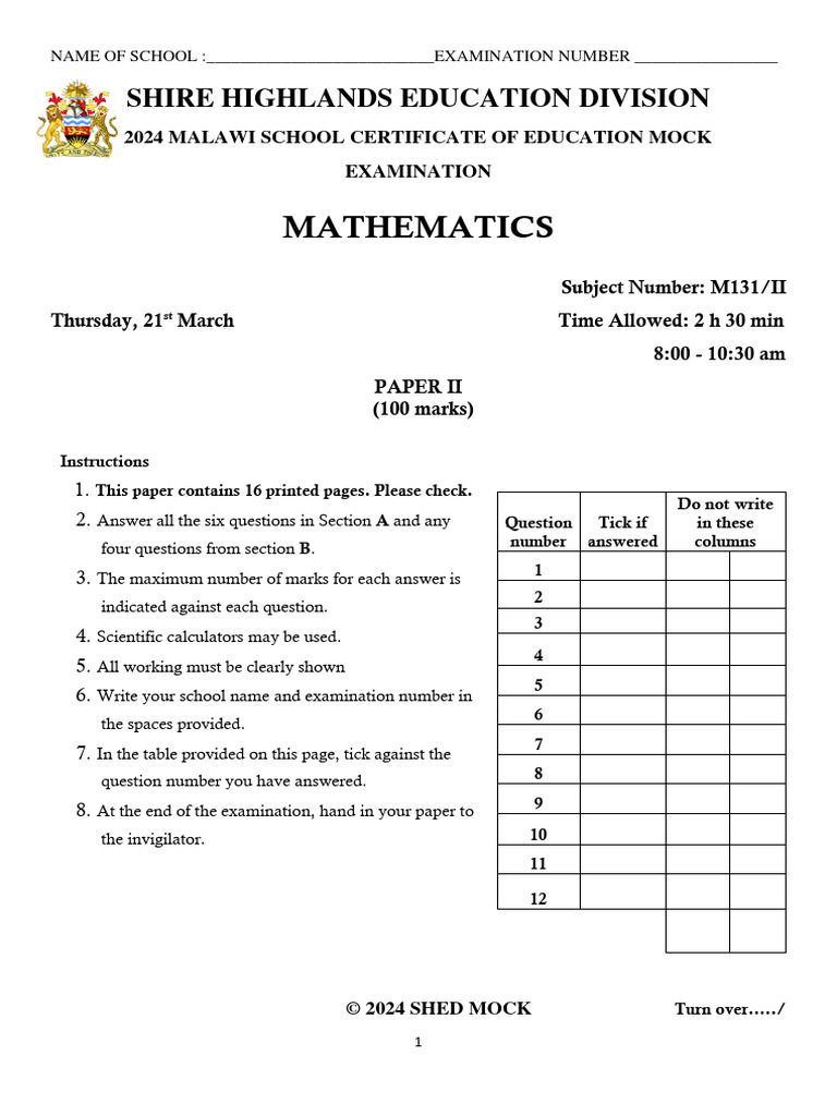 2024 Malawi Mathematics Mock Exam | PDF | Circle | Angle