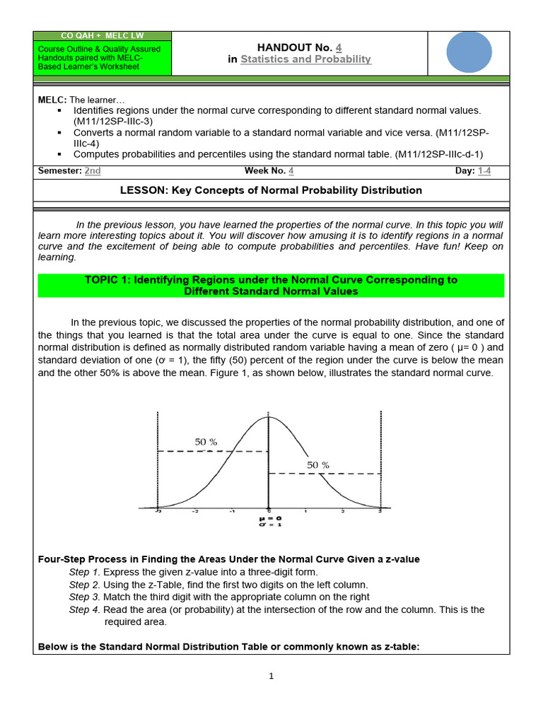 Statistics and Probability - 1 Handout | PDF | Normal Distribution ...