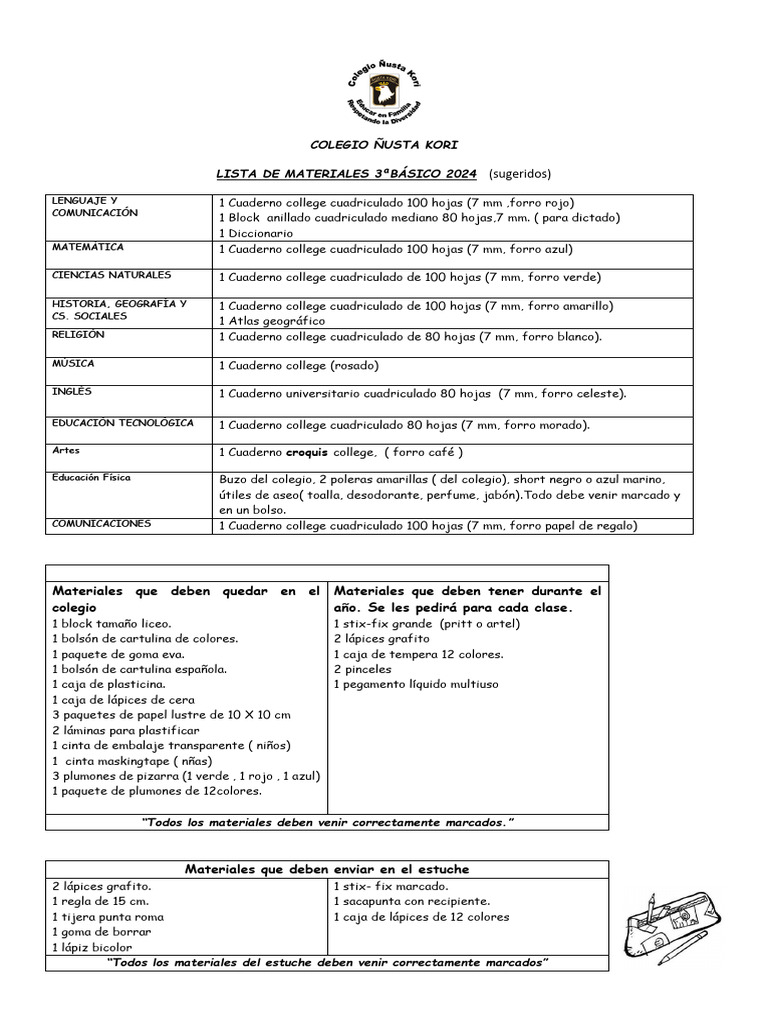 Lista de Materiales 3 Básico 2024 | PDF | Lápiz | Papelería