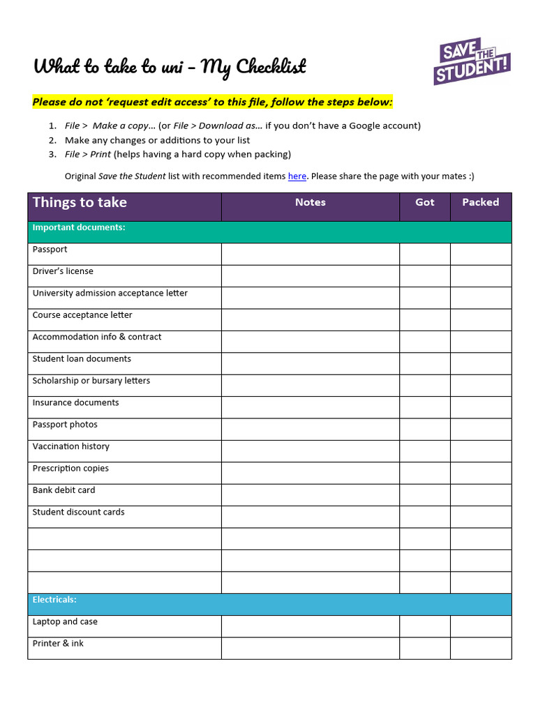 Uni Packing Checklist Essentials | PDF