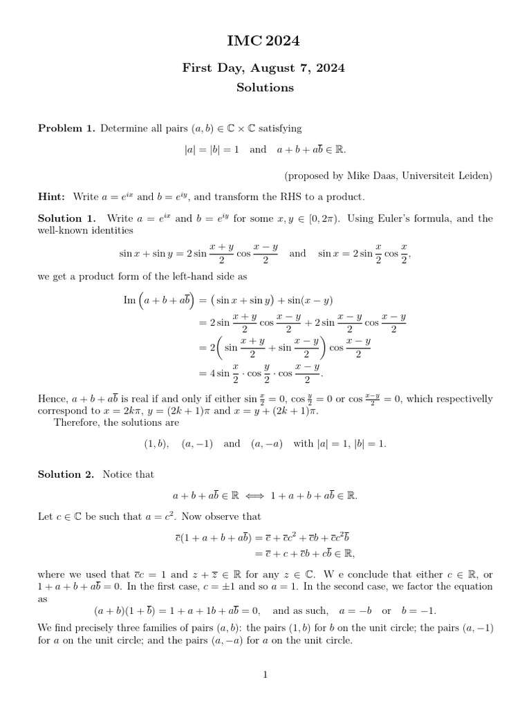 IMC 2024 Day 1 Solutions Overview | PDF | Logarithm | Matrix (Mathematics)