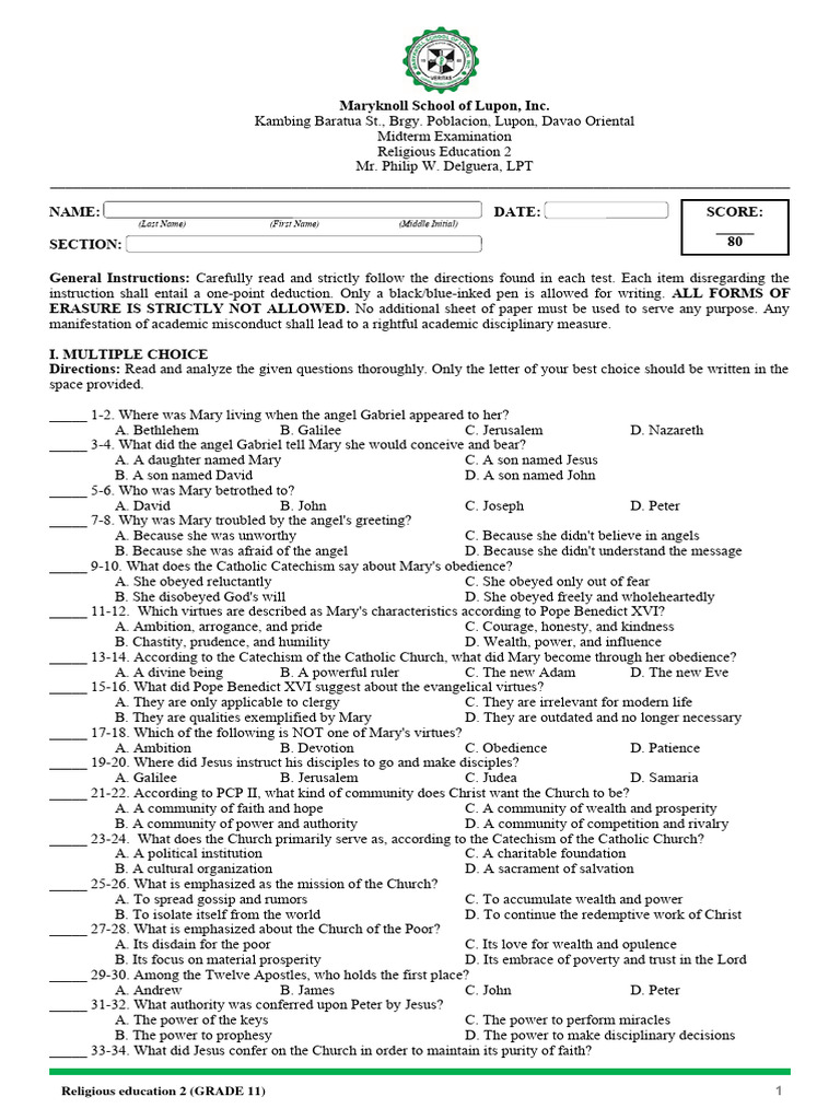 Religious Education 2 Midterm Exam | PDF | Catholic Church | Mary ...