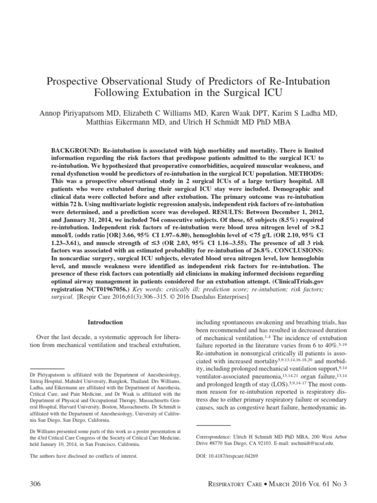 Prospective Observational Study of Predictors of Re-Intubation | PDF ...