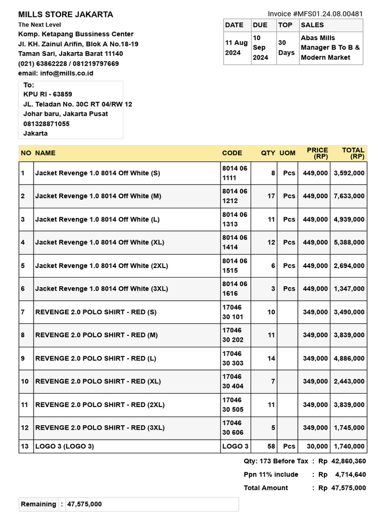 Invoice for Jackets & Polo Shirts | PDF