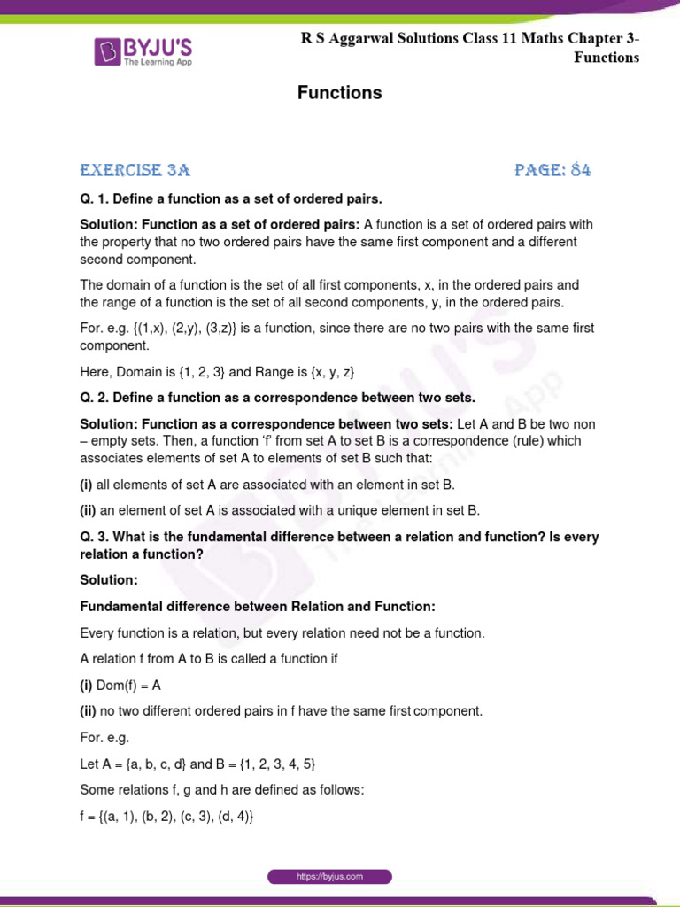 R S Aggarwal Solutions Class 11 Maths Chapter 3 Functions | PDF ...