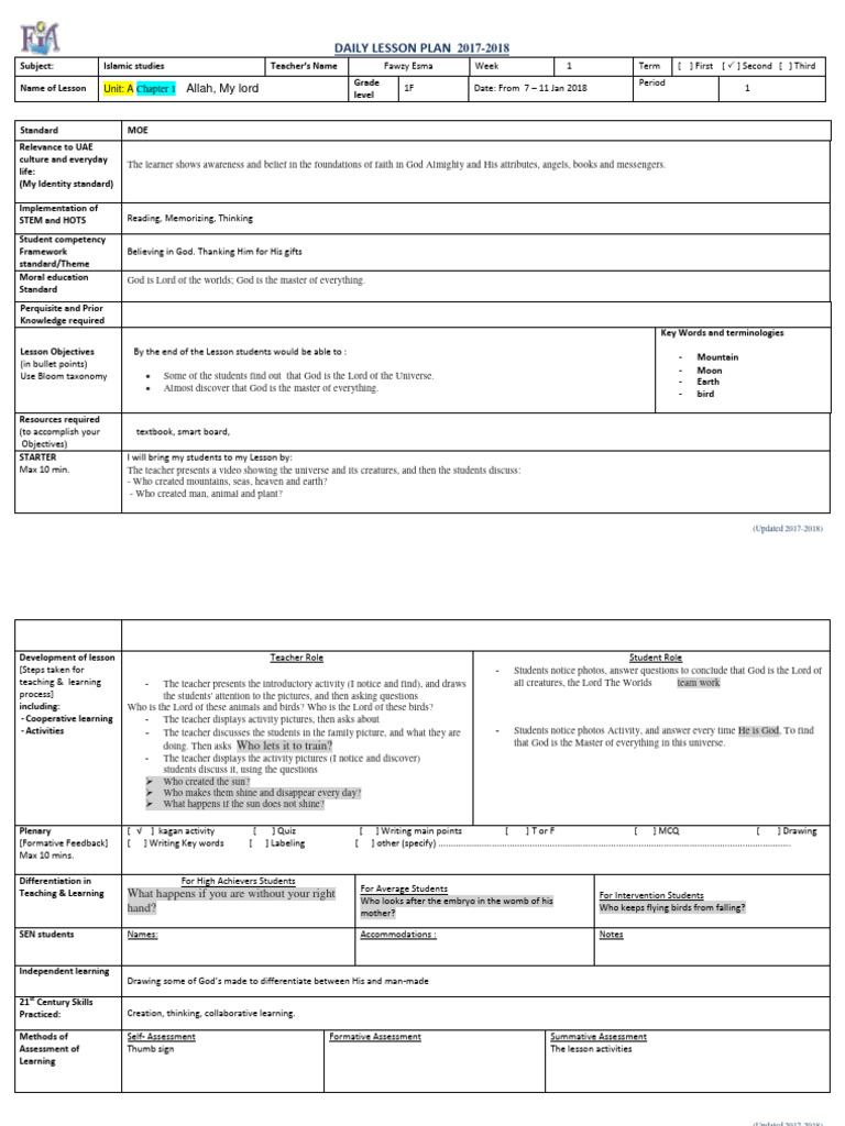 Islamic Studies Lesson Plan for Grade 1F | PDF | Learning | God