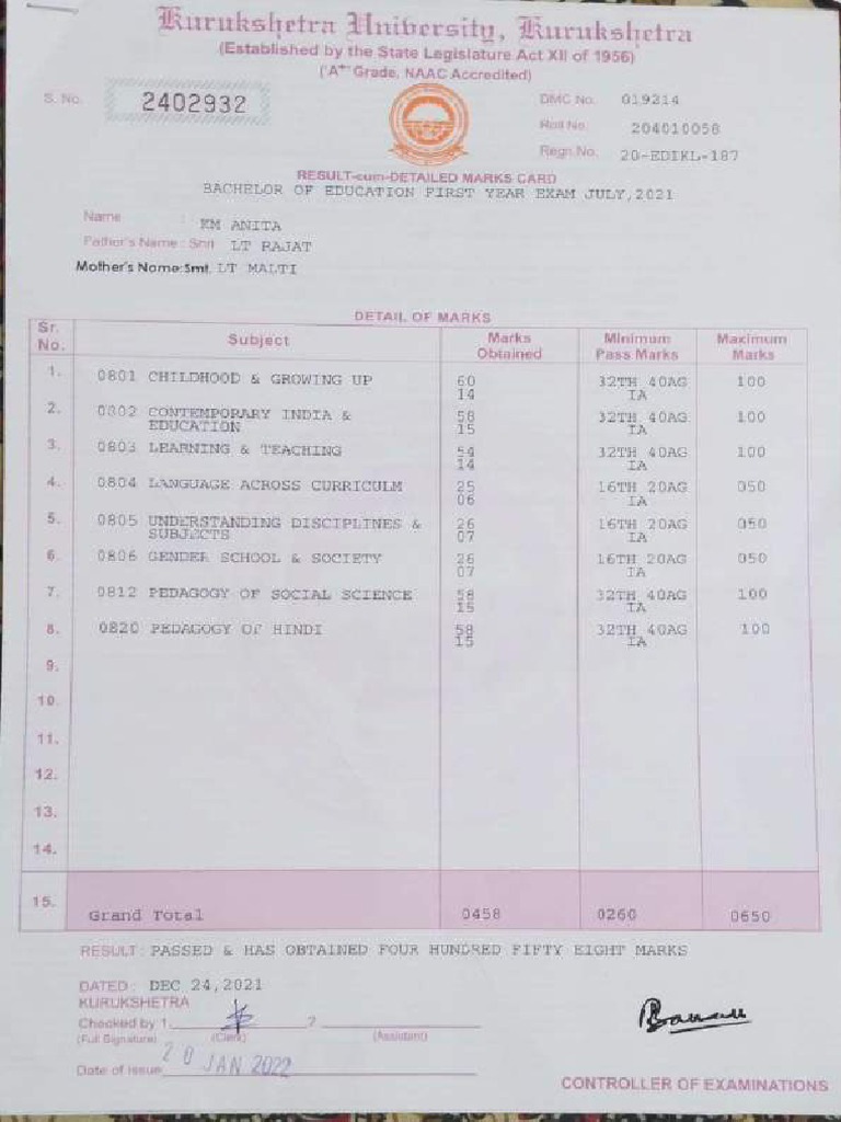 Bed Marksheet | PDF