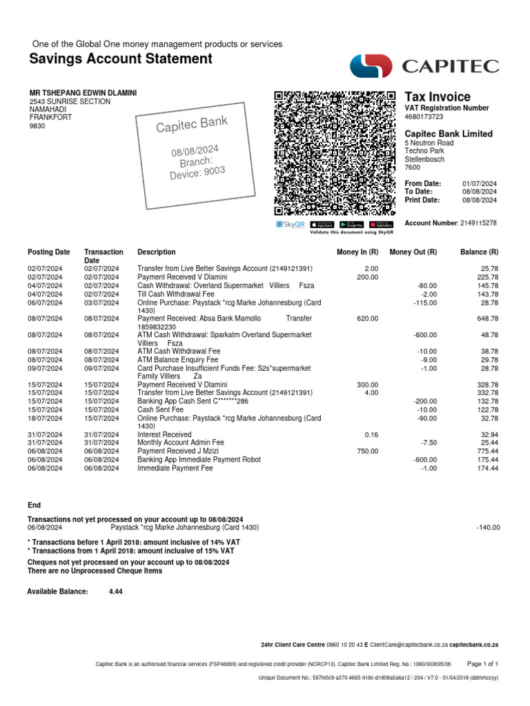 Capitec Bank Savings Account Statement | PDF | Payments | Cheque