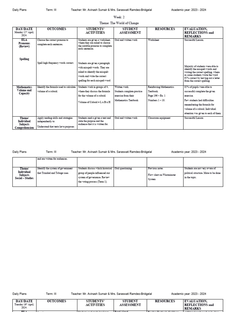 STD IV - Term III Week 2 Daily Plans | PDF | Reading Comprehension ...