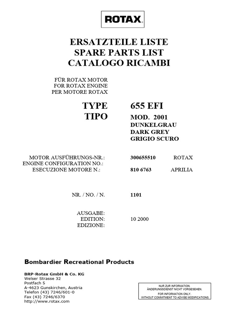 Rotax Type 655 01 EFI Spare Parts List EN | PDF