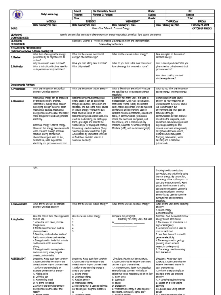 Daily Lesson Log in Science 6 Week 4 Q3 | PDF | Machines | Heat