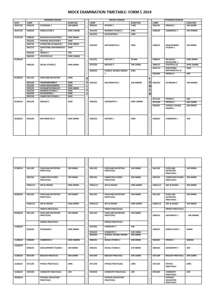 Mock Exam Timetable for Form 5 2024 | PDF | Observation | Inquiry