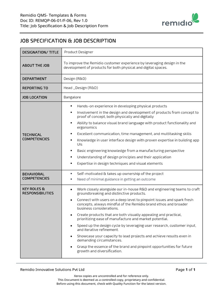 Job Specification for Product Designer | PDF | Brand | Design