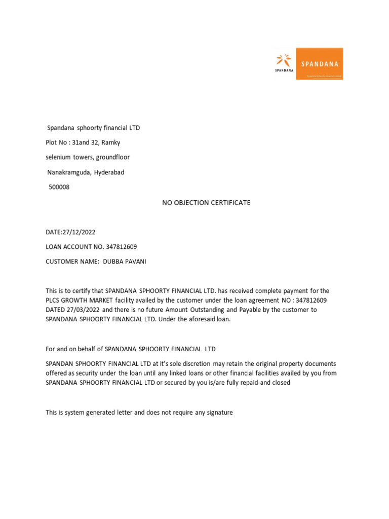 Spandana Sphoorty Loan No Objection Certificate | PDF