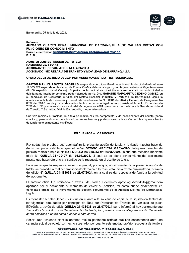 Contestación de Tutela en Barranquilla | PDF | Debido al proceso | Caso ...