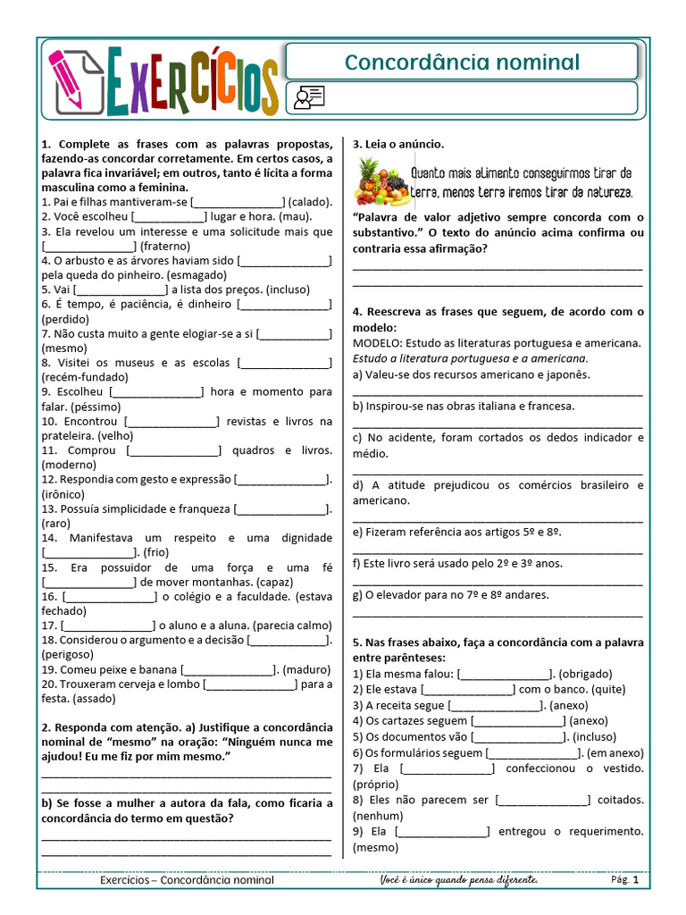 Exercícios de Concordância Nominal 5º Ano | PDF | Palavra | Linguística