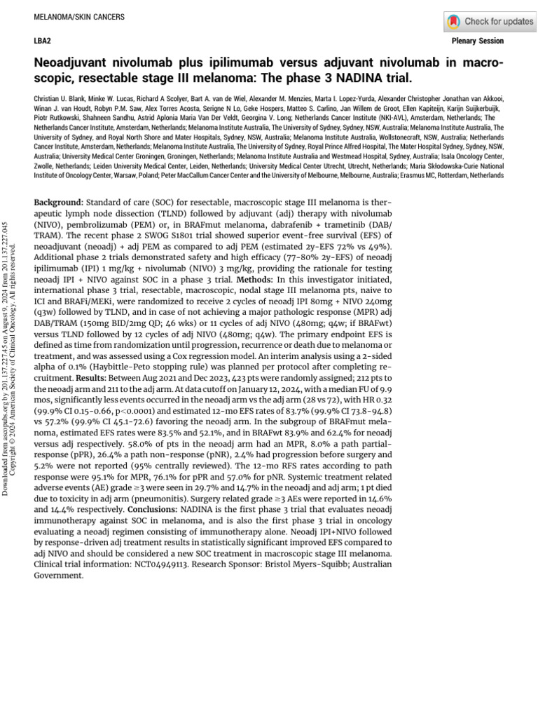 Blank et al 2024 neoadjuvant nivolumab plus ipilimumab versus adjuvant 