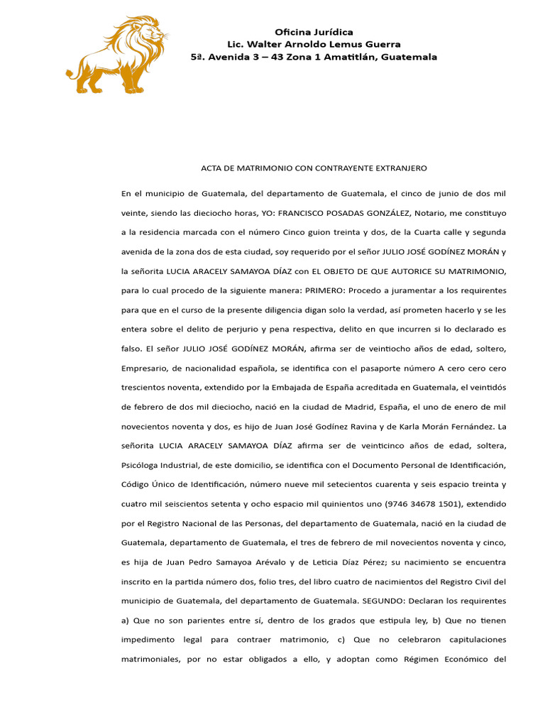 Acta de Matrimonio Con Contrayente Extranjero | PDF | Guatemala ...