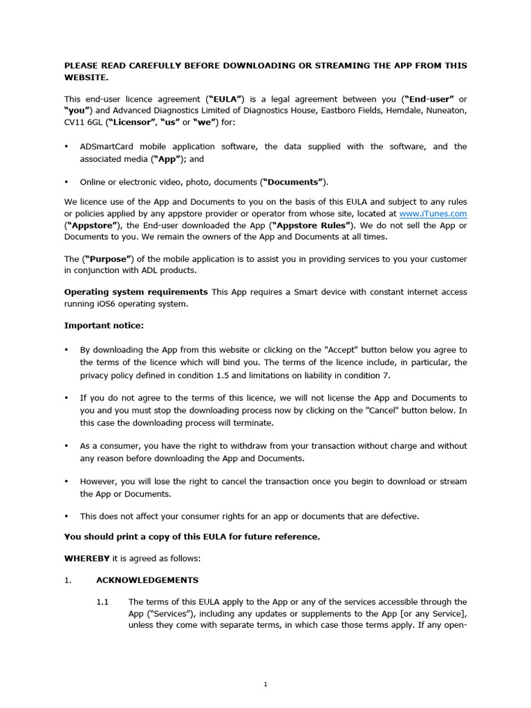 1418052204-ADSmartCard IOS Mobile Application EULA | PDF | License ...