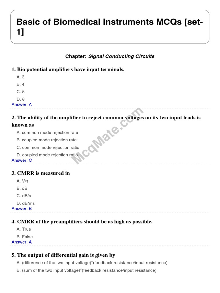 Biomedical Instruments MCQs Set 1 | PDF | Amplifier | Electrical Impedance