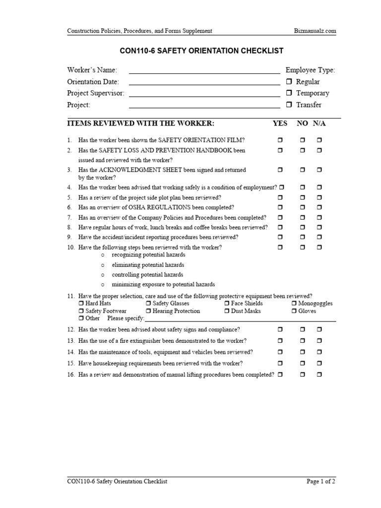 CON110 6 Safety Orientation Checklist | PDF | Personal Protective ...