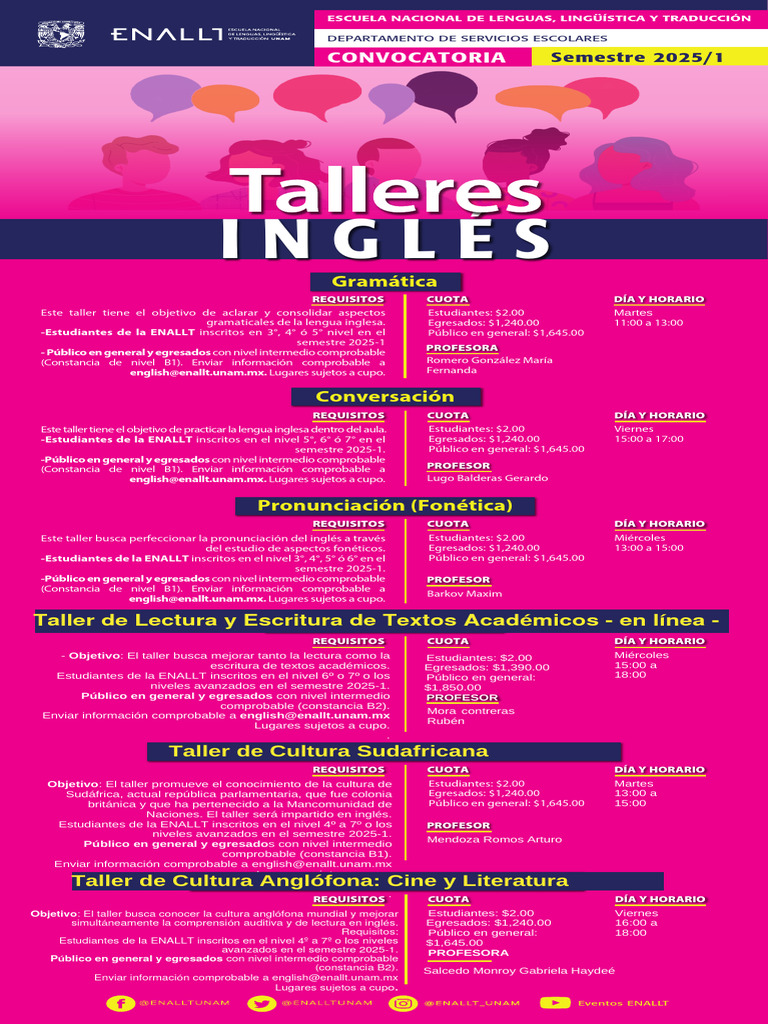Convocatoria Talleres ENALLT 2025/1 | PDF | Idiomas | Estudios de ...