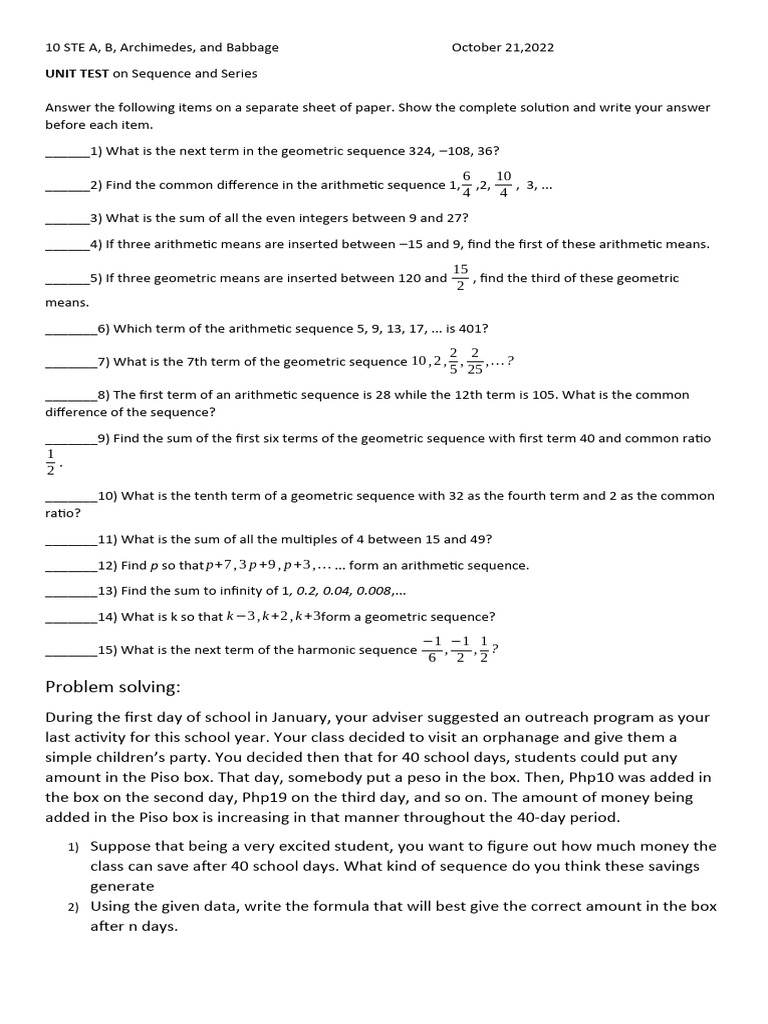 SUMMATIVE TEST On Sequence and Series | PDF | Summation | Arithmetic