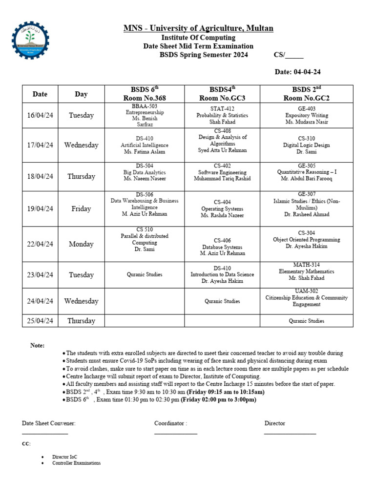 Mid Term Exam Schedule BSDS 2024 | PDF | Computing | Science