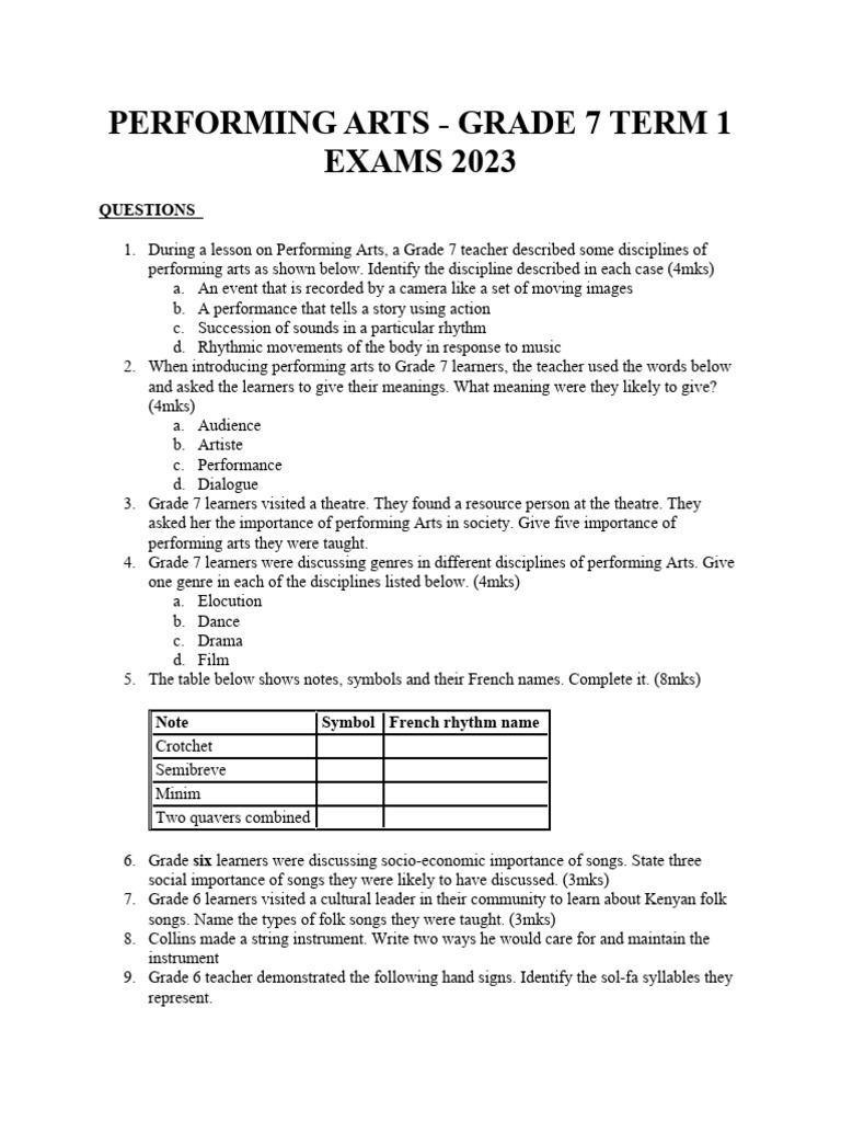 Grade 7 Performing Arts Exam Guide | PDF | Folk Music | Songs