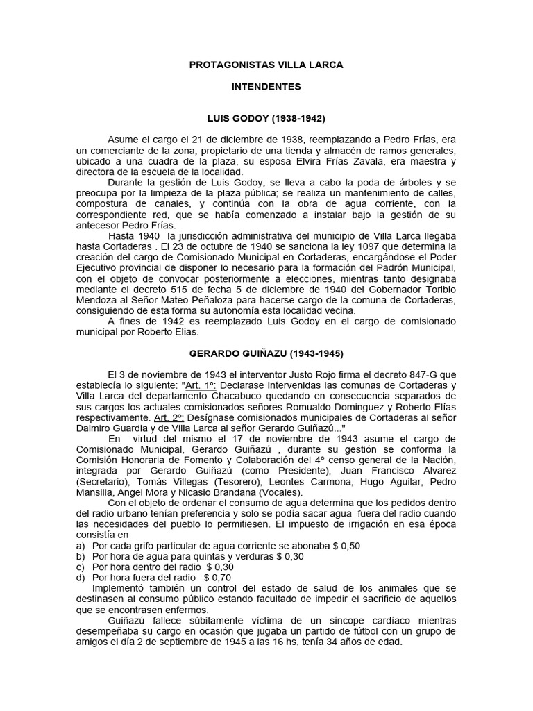 Intendentes de Villa Larca (1938-1952) | PDF
