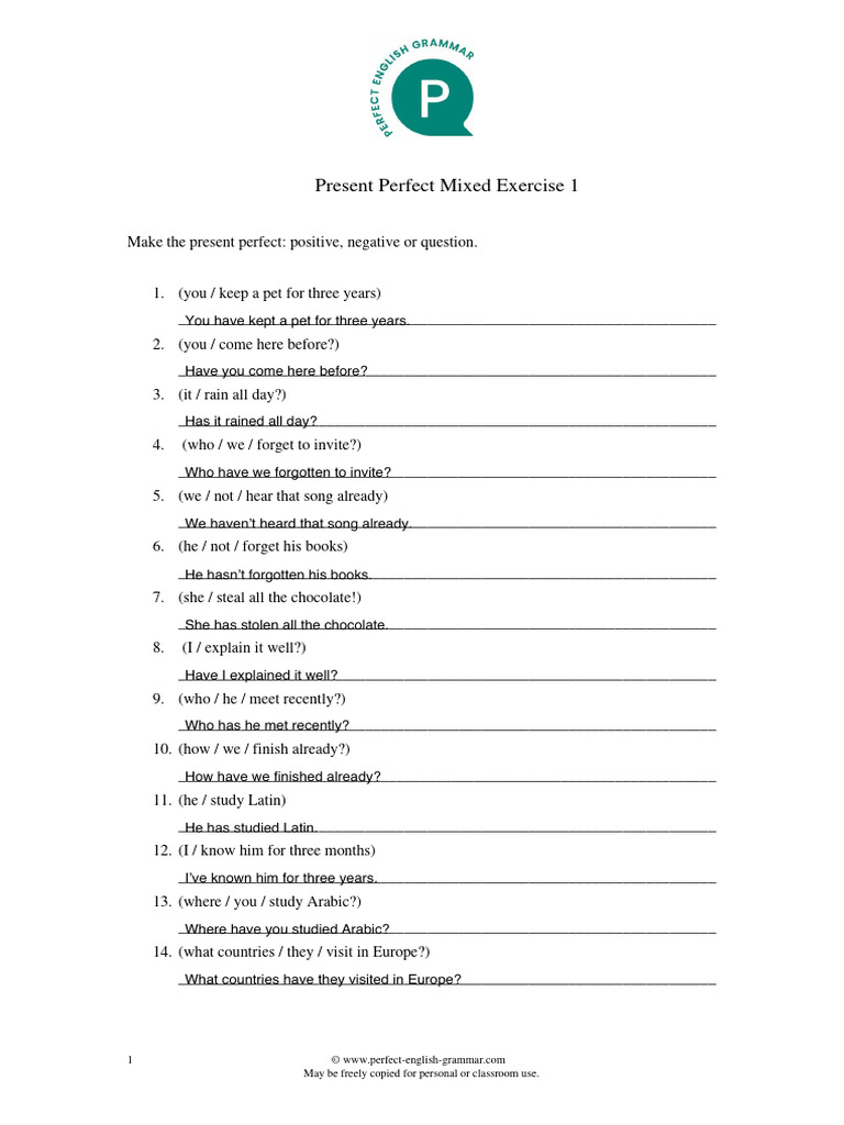 Present Perfect Form Mixed Exercise 1 | PDF