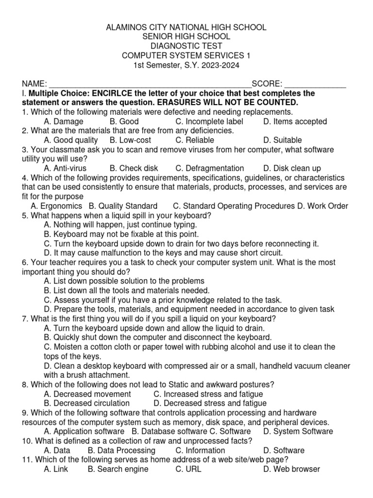 Senior High School Computer Test 2023 | PDF | Power Supply | Electronic ...