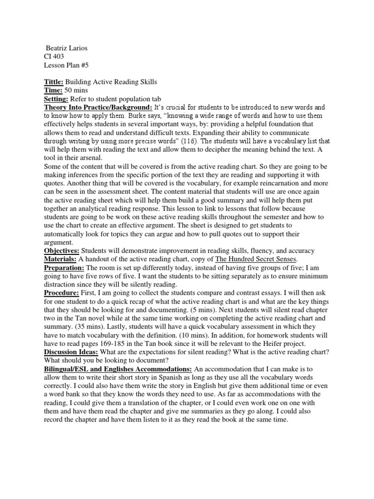 Lesson Plan 5 - B | PDF | Reading (Process) | Vocabulary