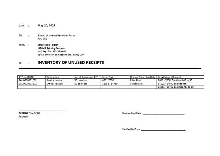 Inventory of unused receipts pdf