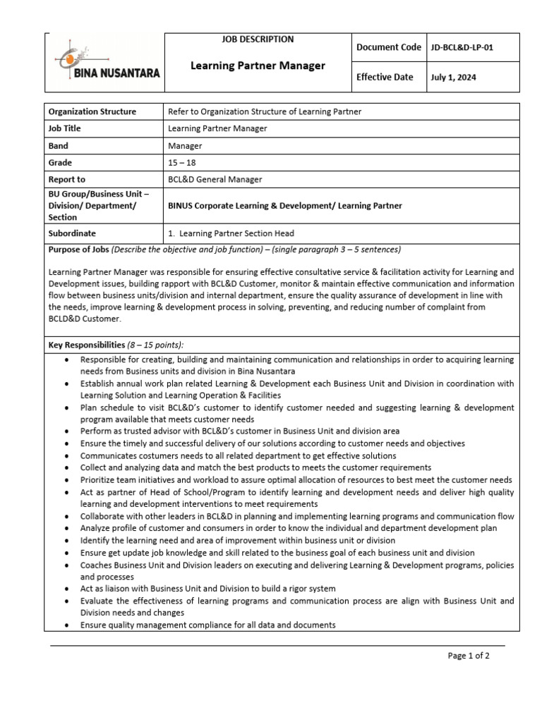 Job Description Learning Partner Manager July 2024 | PDF | Business ...