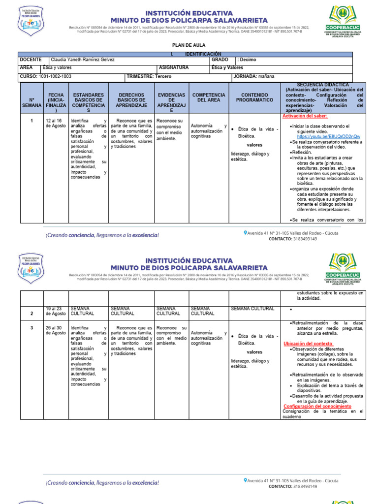 Plan de Aula - Etica y Valores - 10° - 3TR - 2024 | PDF | Aprendizaje ...