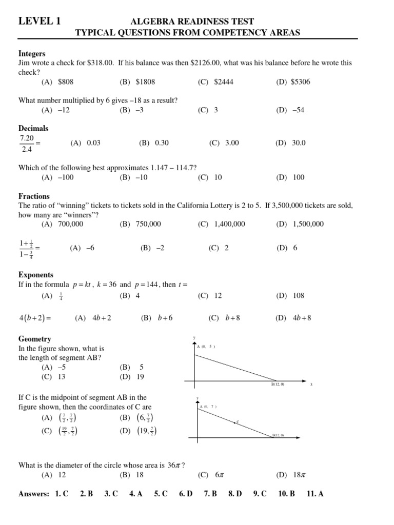 Math placement test sample pdf equations algebra