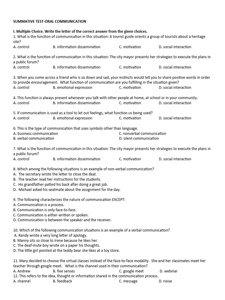 1st Summative Test | PDF | Communication | Nonverbal Communication