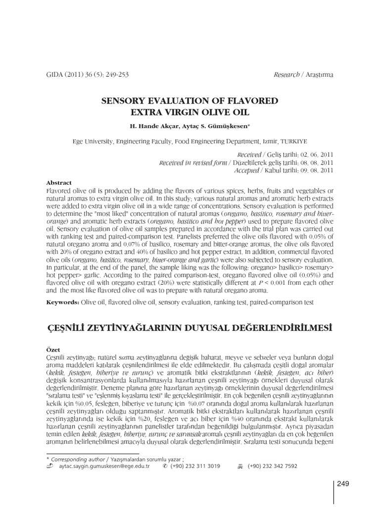 Akçar 2011 Sensory Evaluation of Flavored Extra Virgin Olive Oil | PDF ...