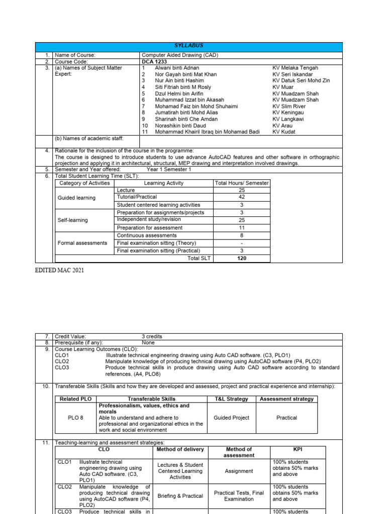 CAD Course Syllabus DCA 1233 | PDF | Technical Drawing | Auto Cad