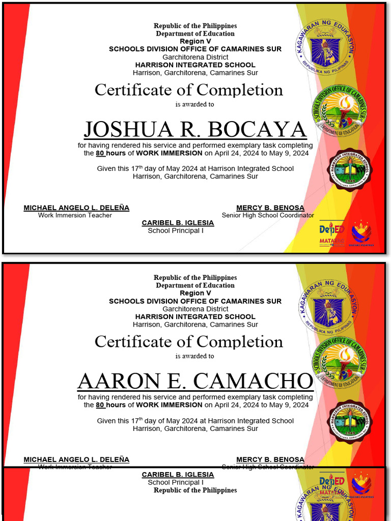 Work Immersion Completion Certificates | PDF | Philippines