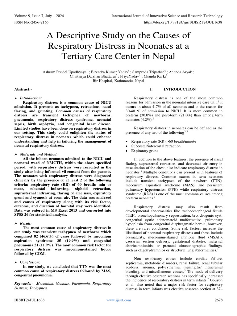 A Descriptive Study On The Causes of Respiratory Distress in Neonates ...